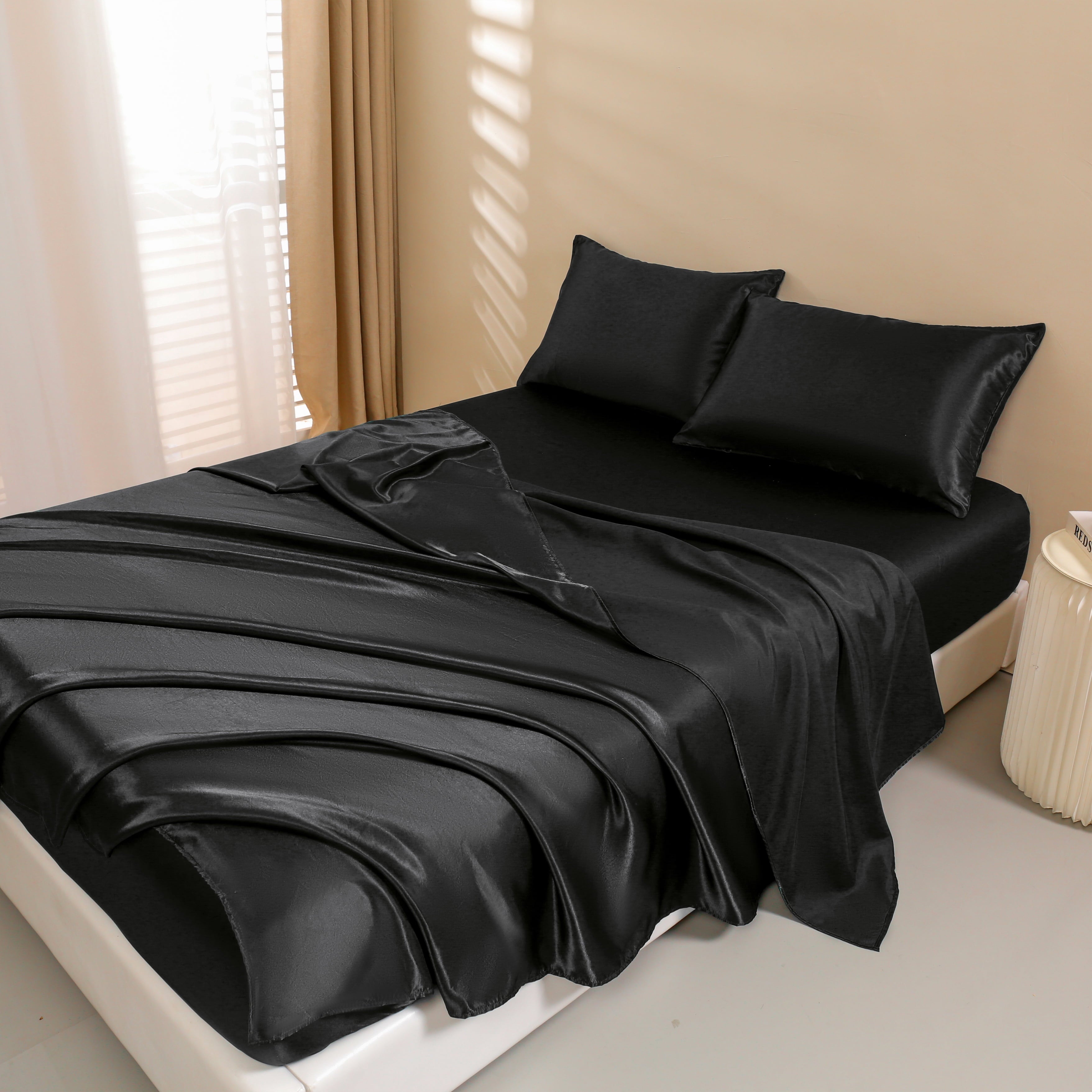 4Pcs Black Satin Sheets Queen Set Silk Sheets 13" Deep Pocket Ultra Soft silky Bed Sheet Set - Image 6
