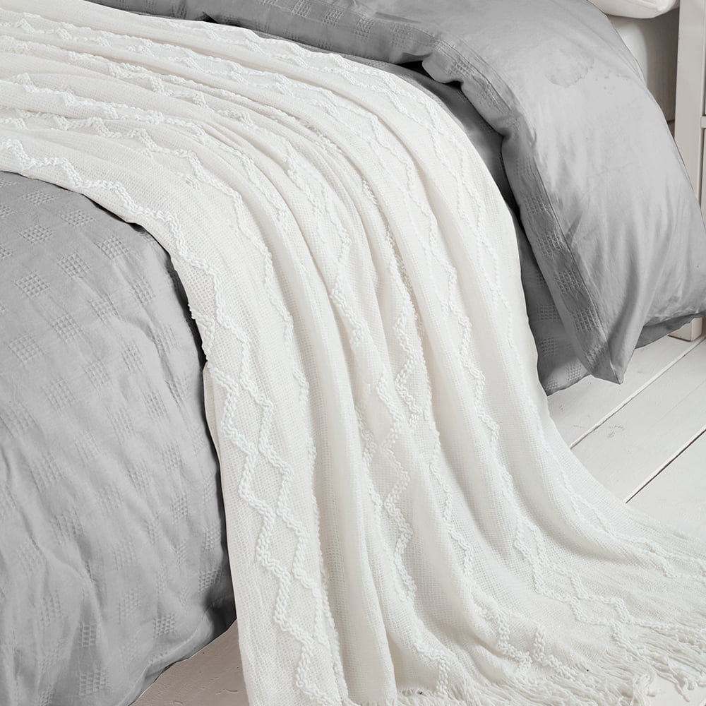 Fluffy Chenille Knitted Fringe Throw Blanket, Lightweight Soft Cozy Bed Sofa Chair Blanket, White, 50" x 60" - Image 2