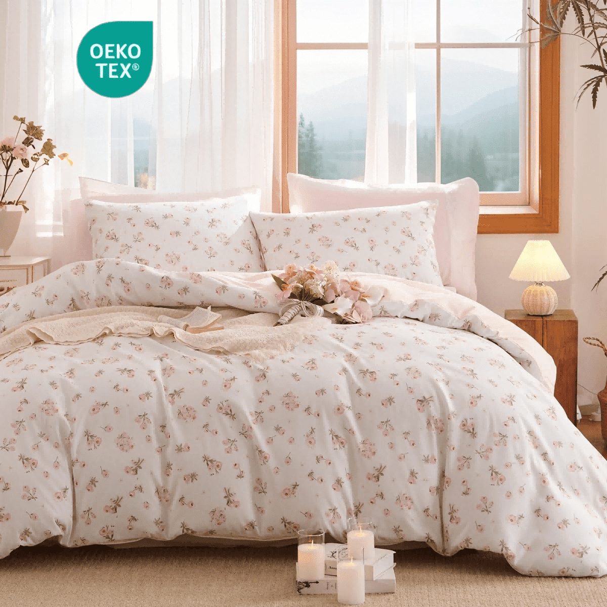 Pink loyalty Floral Comforter Queen Sets, 3 Pieces Chic Botanical Pink White Floral Reversible Comforter for All Season - Image 2