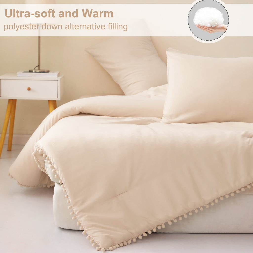 Boho Pom Pom Ball Fringe King Size Comforter Set, 3 Pieces Beige Lightweight Down Alternative Bedding Comforter Sets ... - Image 3