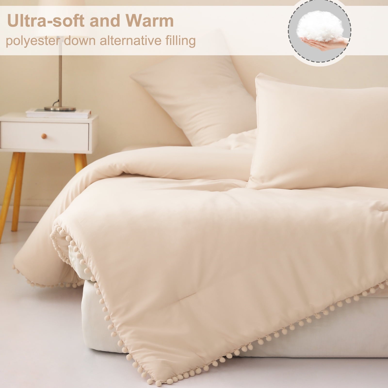 Boho Pom Pom Ball Fringe King Size Comforter Set, 3 Pieces Beige Lightweight Down Alternative Bedding Comforter Sets ... - Image 3