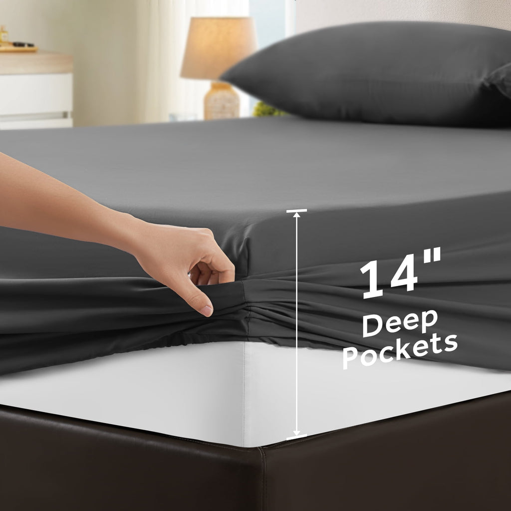 Sheets,Soft Hotel Luxury Polyester Washed Cotton,4 Piece Sheets Set,with 14" Deep Pocket,Dark Gray - Image 4