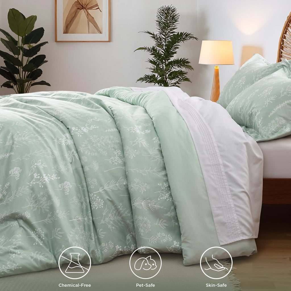3 Pieces Sage Green Floral Comforter Sets, 1 Botanical Flowers Reversible Comforter and 2 Pillow Shams, Queen Size Be... - Image 5