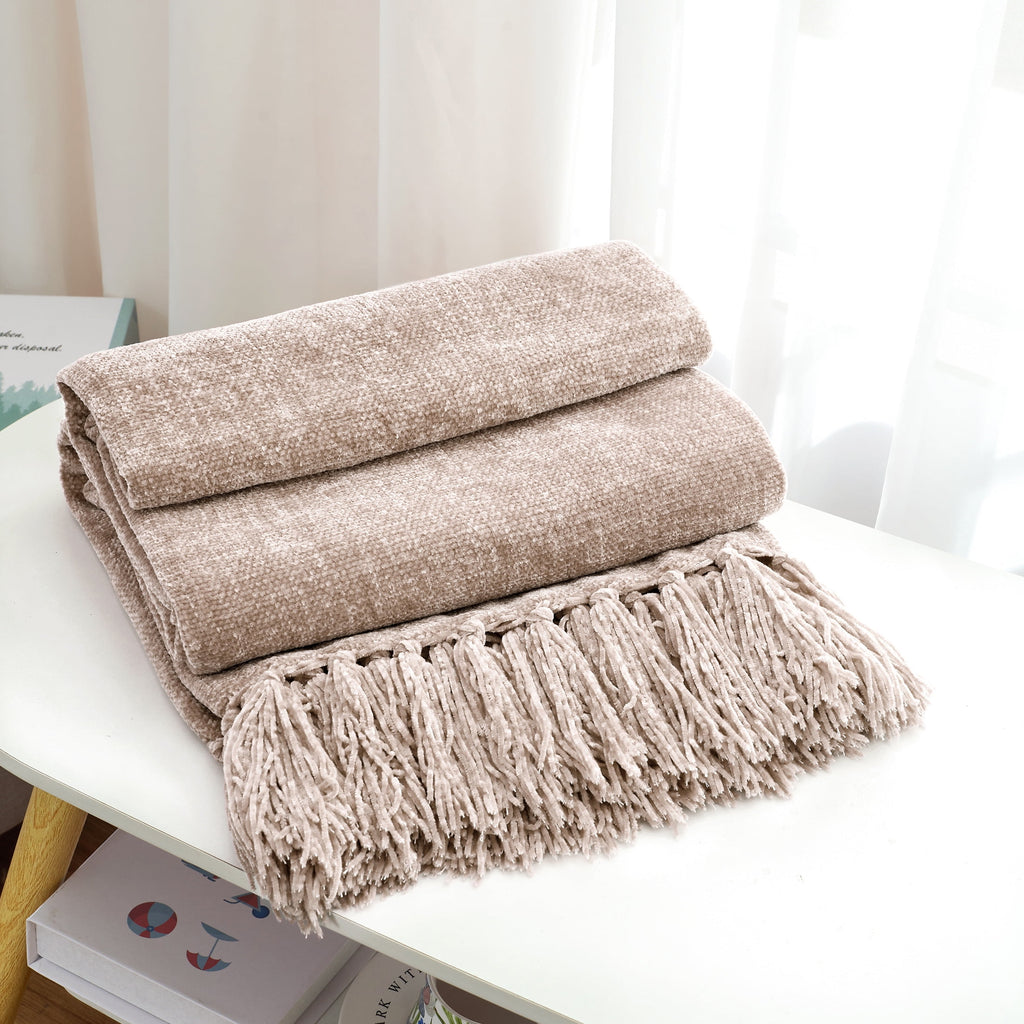 Chenille Throw Blanket with Fringe Tassel for Couch Sofa Chair Bed, Taupe 50" X 60" - Image 4