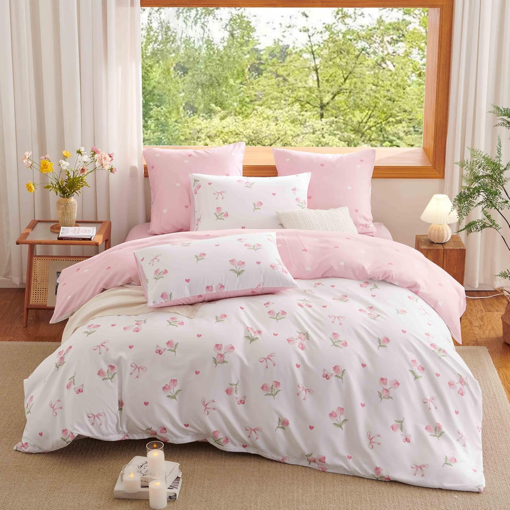 Pink Tulip Queen Comforter Set, 3-Piece Pink Flowers Reversible Soft Bedding Set or Adults All Season - Image 3