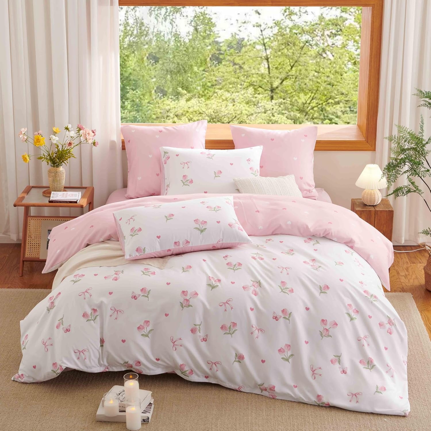 Pink Tulip Queen Comforter Set, 3-Piece Pink Flowers Reversible Soft Bedding Set or Adults All Season - Image 3