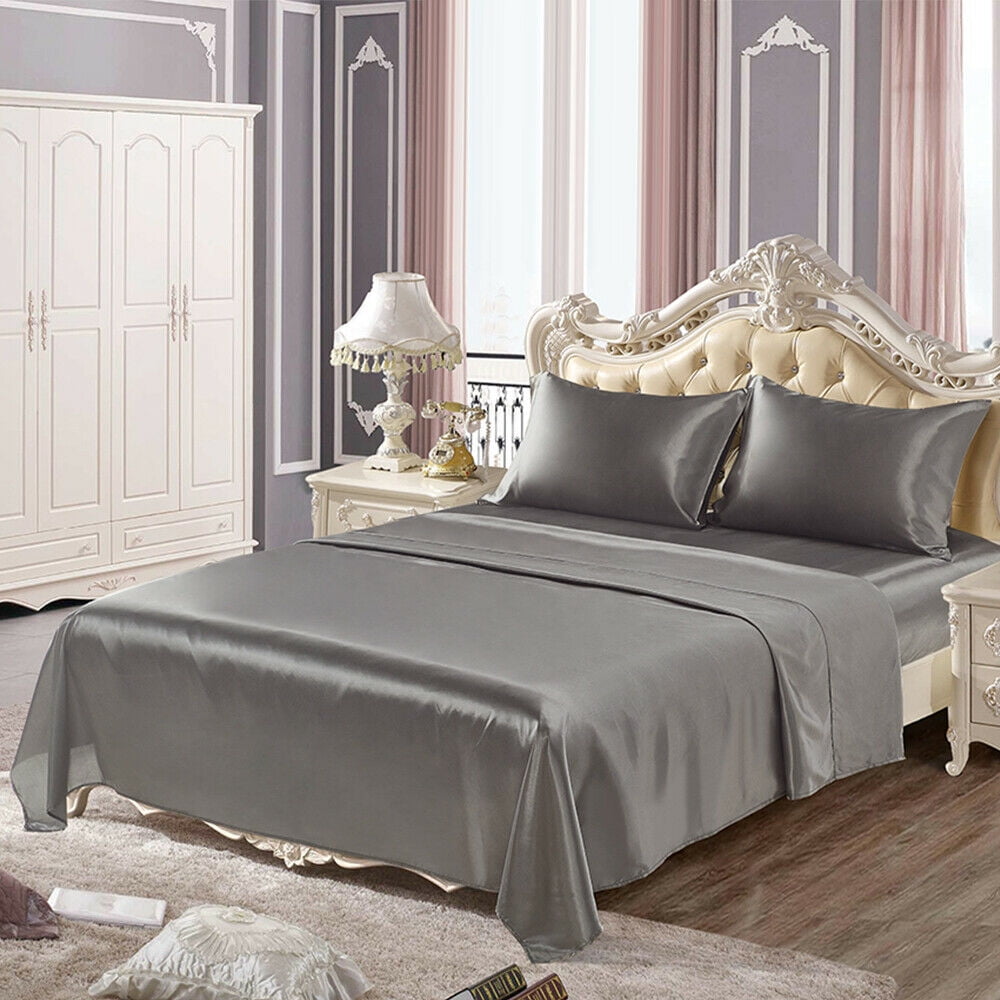 Twin Silk Gray Bed Sheet Set Deep Pocket Bed Flat Fitted Sheet, 3-Pieces - Image 5