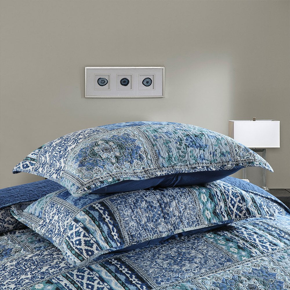 WannaToo Quilt Comforter Cotton Bedding Set With Shams, Vintage Blue, King - Image 4