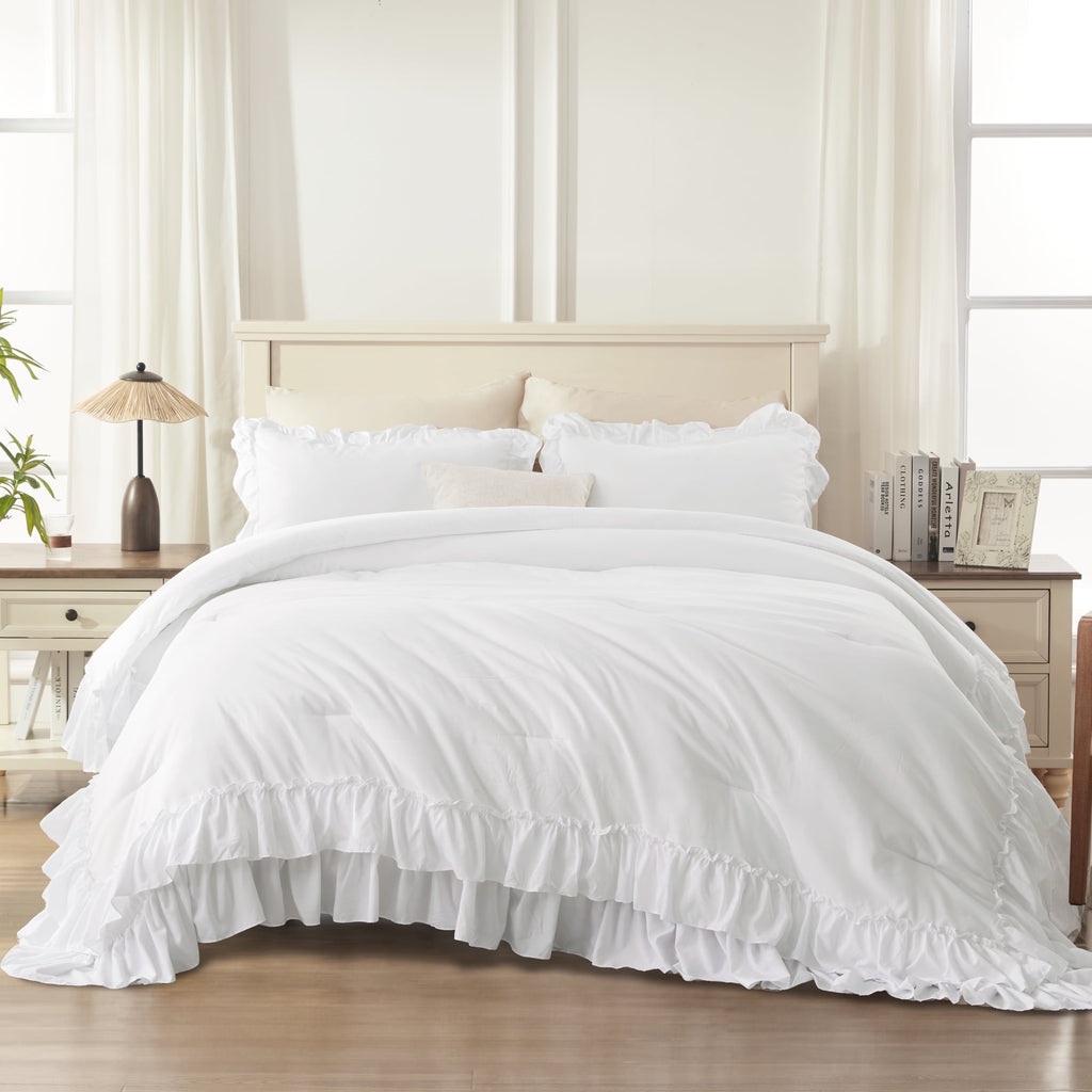 Queen Comforter Set White - 3 Pieces Soft Fluffy Ruffle Bedding Comforter Sets for Queen Bed, All Season Farmhouse Li... - Image 3