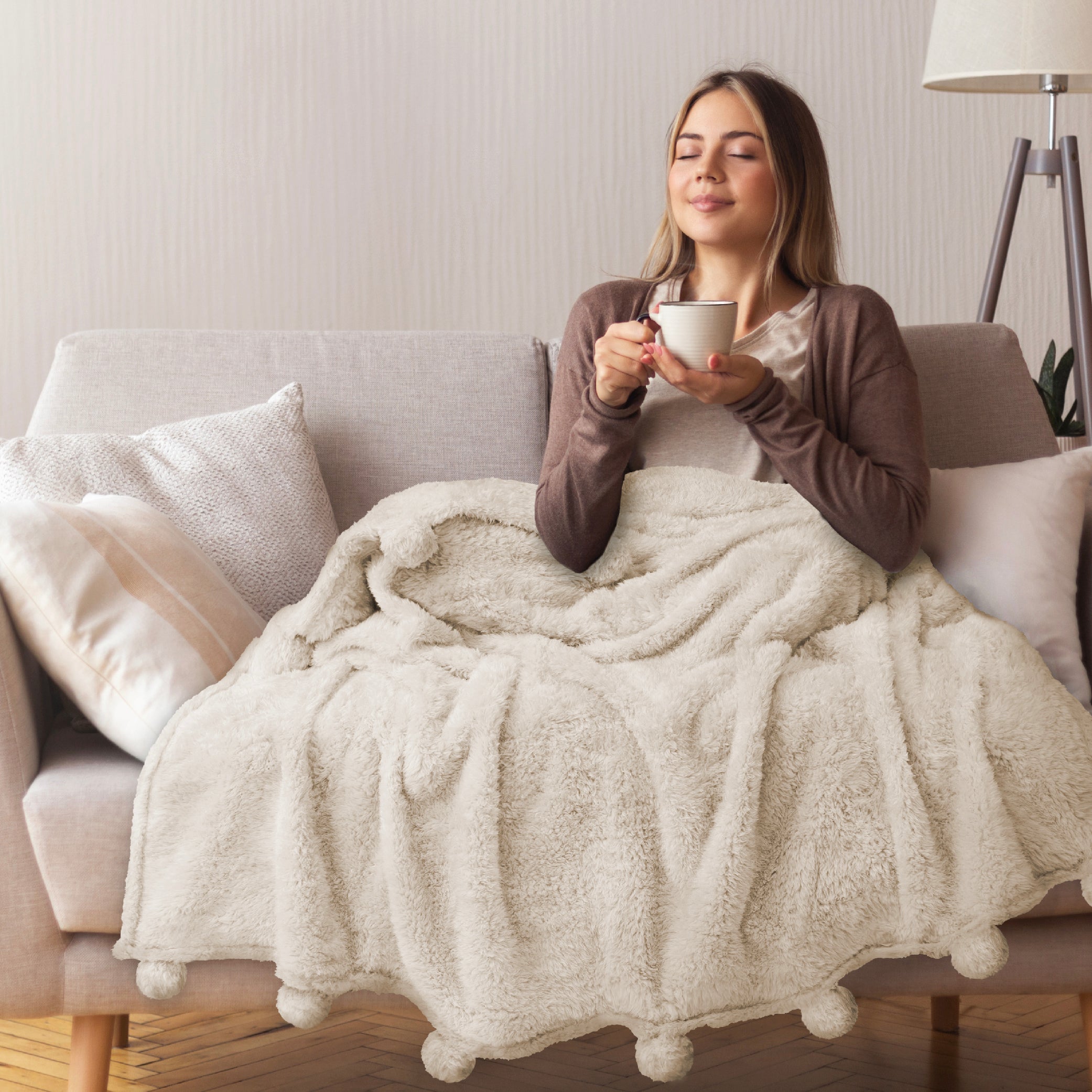 Ivory Cream Sherpa Throw Blanket with Soft Pom Pom Fringe, Plush Cozy Warm Blankets for Couch Bed Sofa, Fuzzy Fleece ... - Image 5