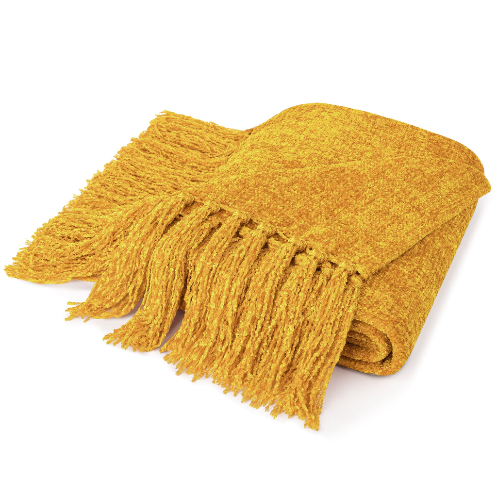PAVILIA Mustard Yellow Chenille Throw Blanket for Couch, Soft Gold Knit Blanket with Tassel Fringe, Woven Chenille Knitted Decorative Blanke - Image 2