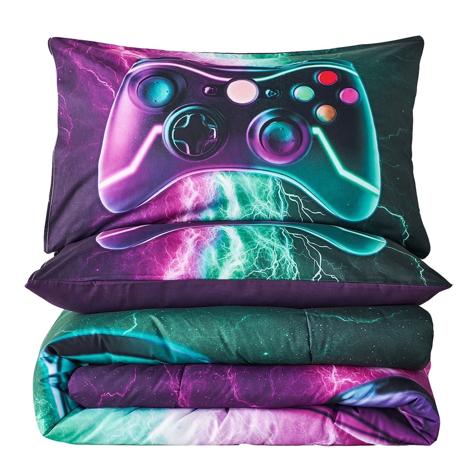 PERFEMET Queen Size Gaming Comforter Set for Boys,3-Piece 3D Green Purple Lightning Game Controller Bedding Set for Kids Teens - Image 4