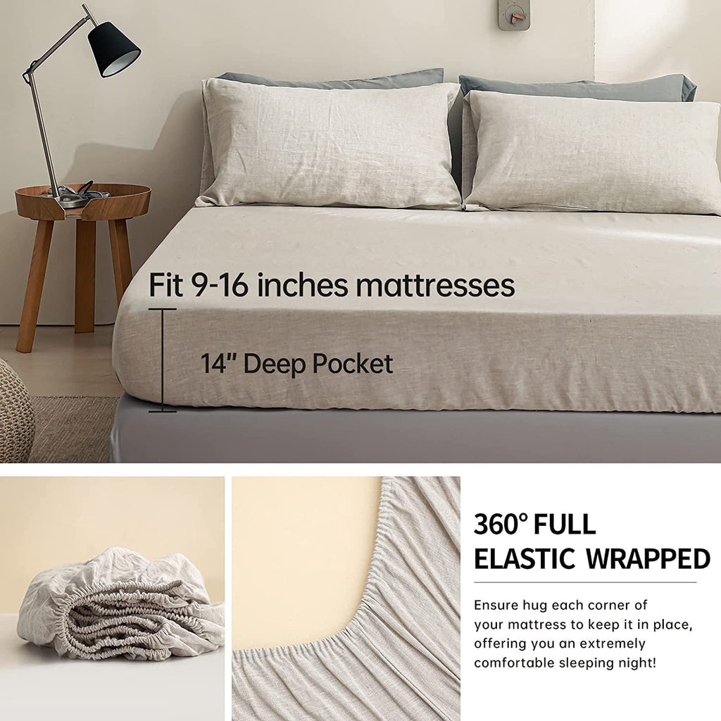 100% Linen Sheet Set Solid Color-4 Pcs Washed French Linen Bed Sheets(1 Flat Sheet,1 Fitted Sheet,2 Pillowcases)-Brea... - Image 3