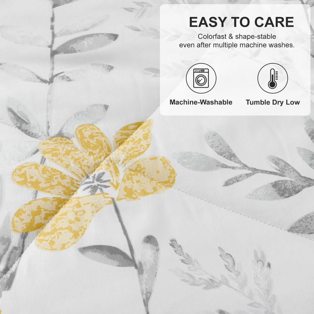 Jessy Home 3 Piece Comforter Set Queen Yellow Floral Quilt Microfiber Patchwork Bedspread - Image 4
