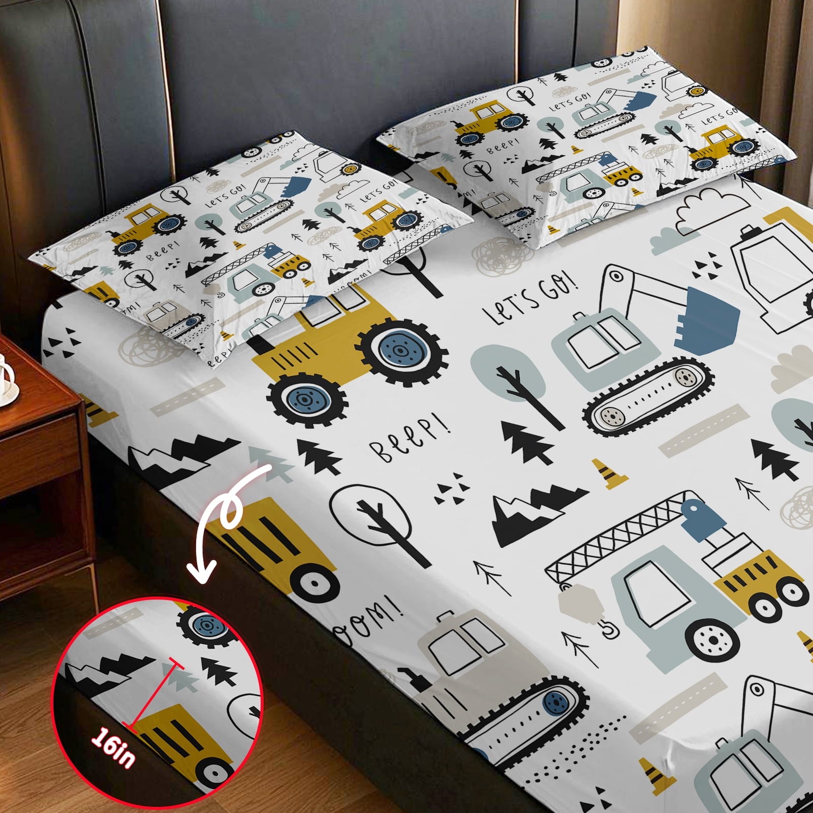 WASFDN Cartoon Excavator Sheet Set for Kids Boys Truck Construction Bedding Set Engineering Vehicle Bed Sheet Sets with 1 Fitted Sheet and 2 - Image 4