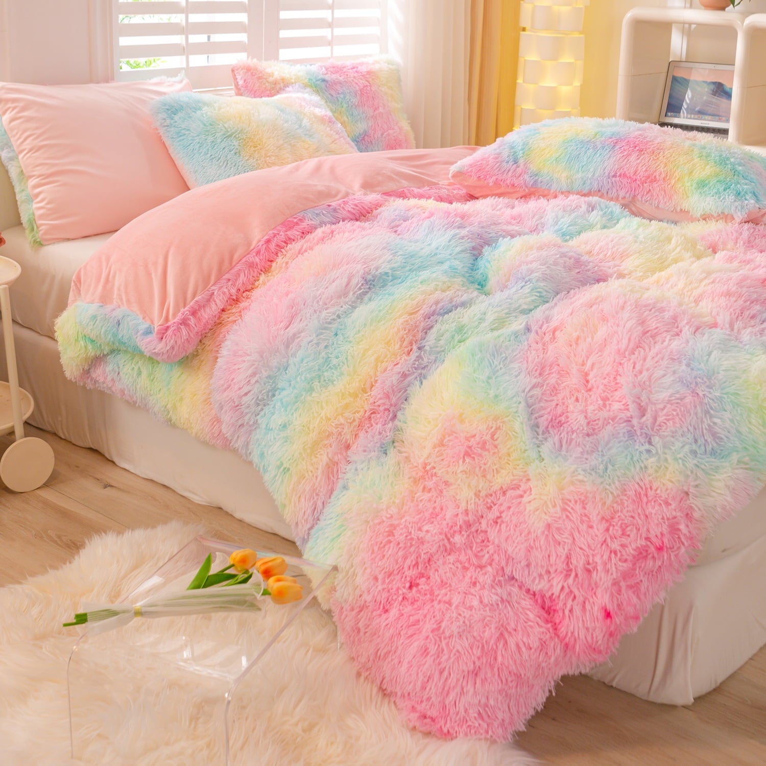 3Pcs Pink Faux Fur Twin Comforter Set for Girls Tie Dye Rainbow Kid Bed Set Plush Shaggy Bedding Sets Fuzzy Bed Comfo... - Image 3