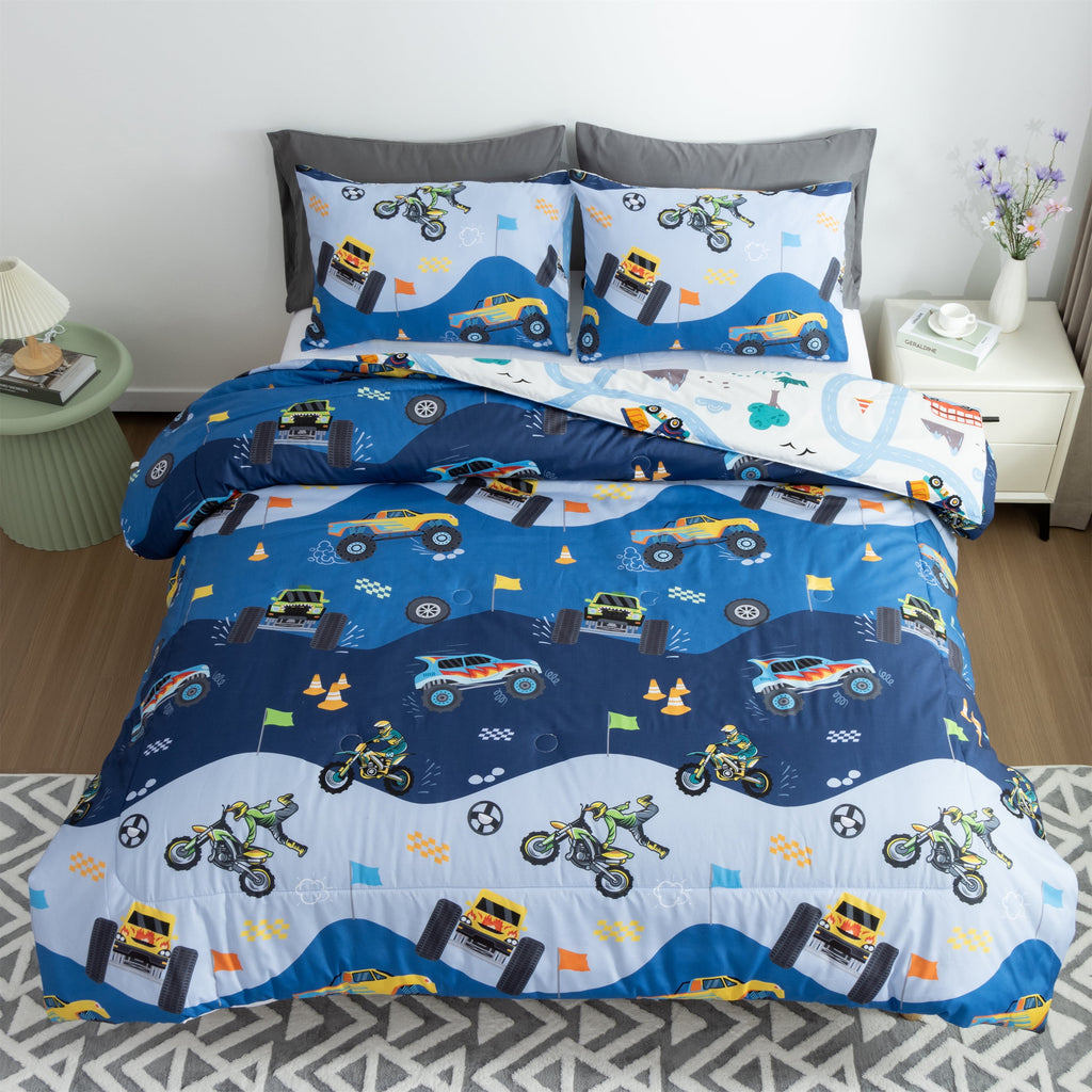 Btargot 3Pcs Reversible Construction Truck Twin Comforter Set for Boys Kids Excavator Vehicle Motorcycle Bedding Set Blue - Image 2