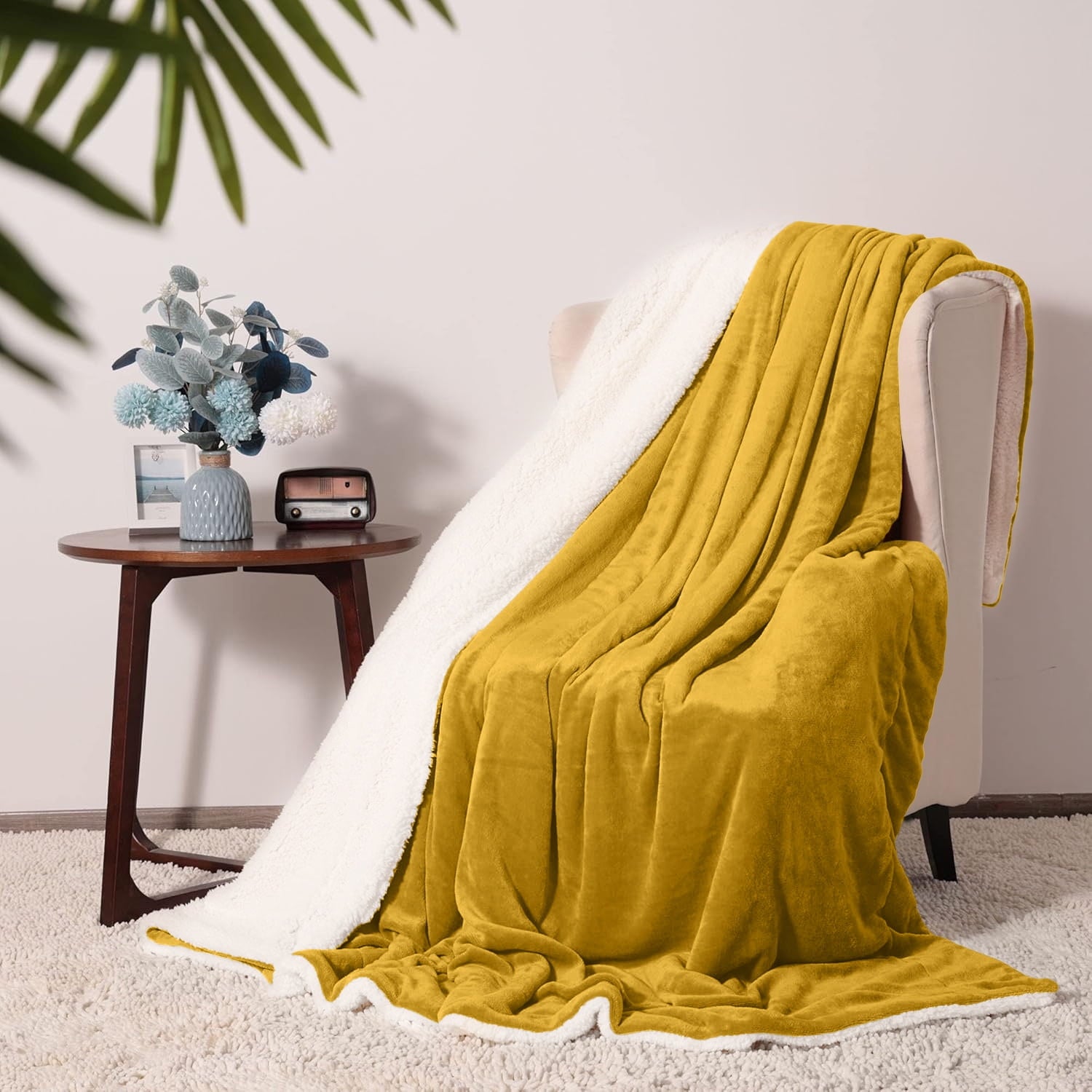 Moonlight20015 Sherpa Blanket Fluffy Plush Couch & Travel Blanket Reversible Throw Size Ochre Color - Image 2