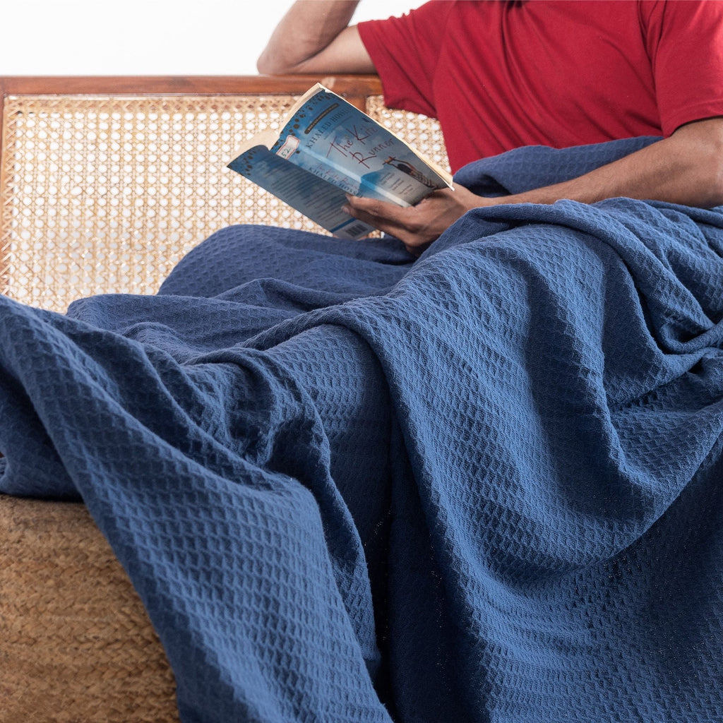 Twin Waffle Throw Blanket for Couch (68" x 92"), 100% Cotton Throw Blankets for Bed, Waffle Blanket for Bed (Navy) - Image 5