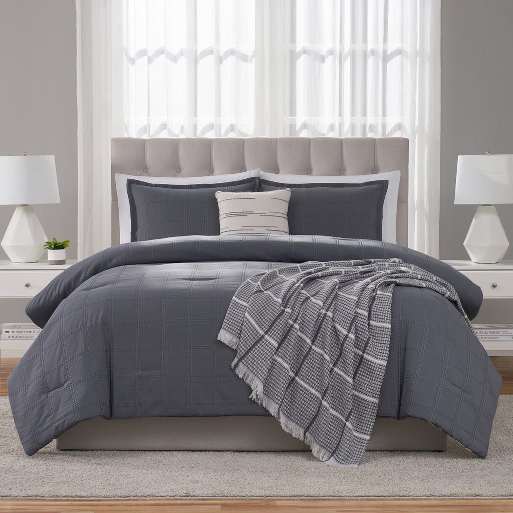 Full/Queen Comforter Set, All-Season, 5-Piece, Grey Waffle Check - Image 3
