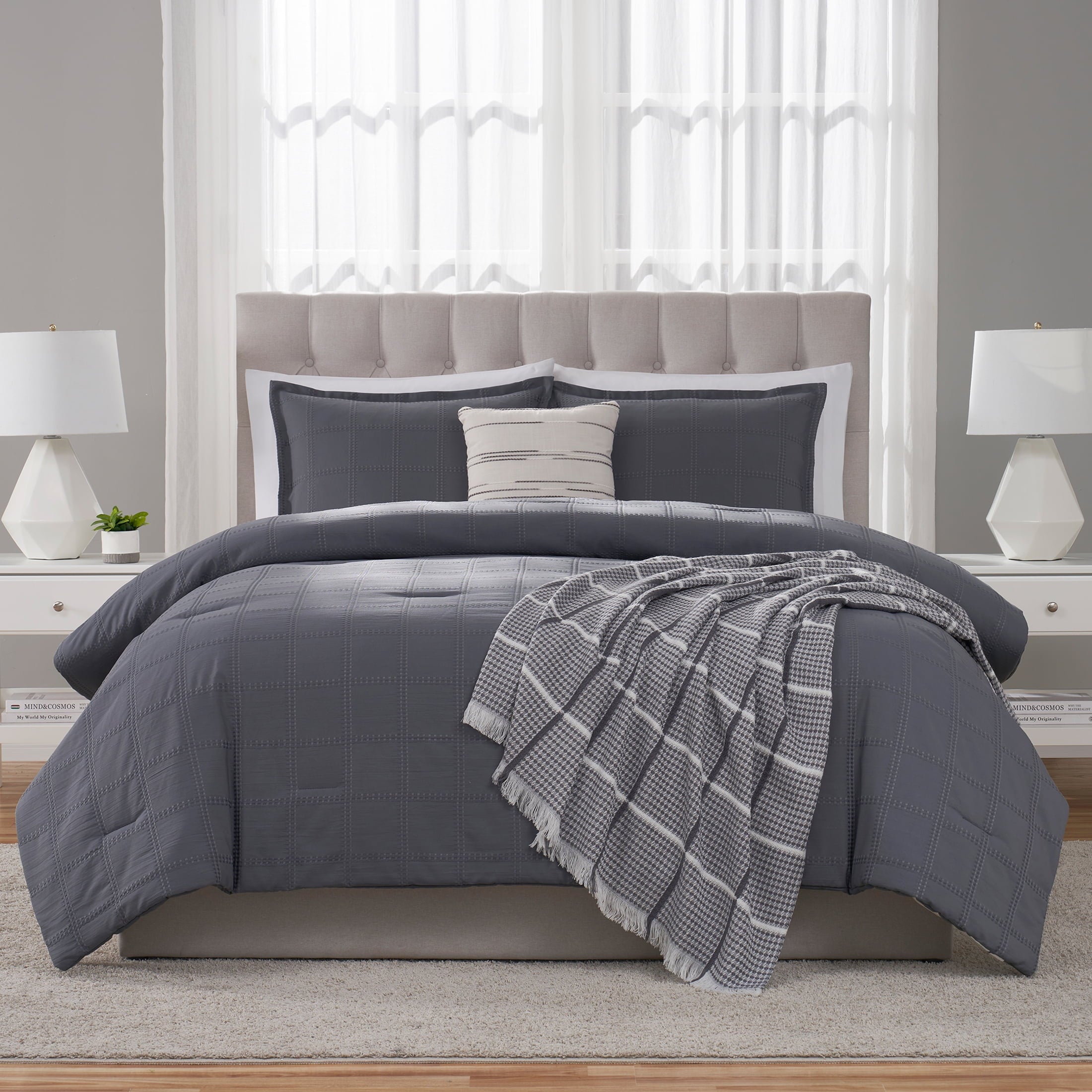 Full/Queen Comforter Set, All-Season, 5-Piece, Grey Waffle Check - Image 3