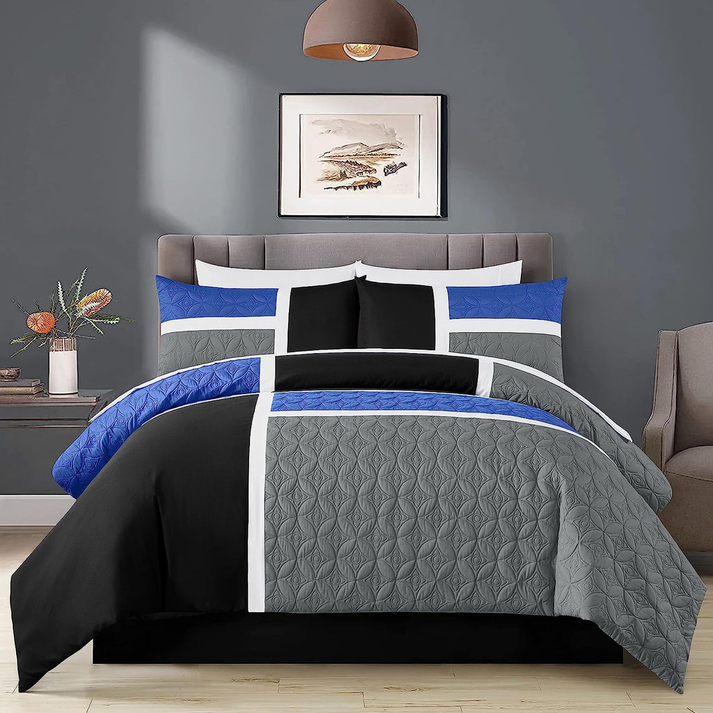 Chezmoi Collection Bernard 7-Piece Full Bed in a Bag Comforter Set with Sheets, Lightweight Comforter Blue Black Gray Patchwork Quilted Meda - Image 2