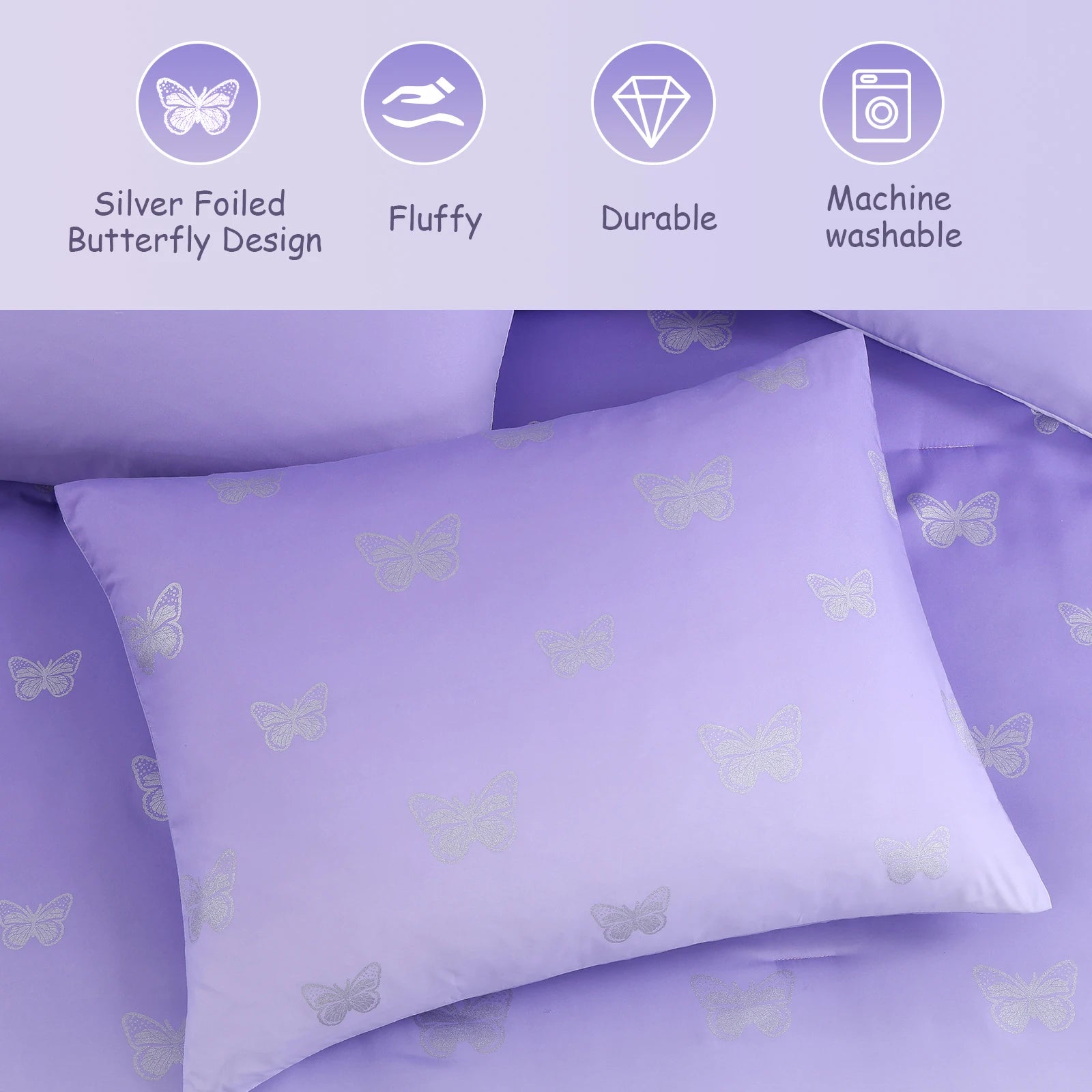 gold foil Design 7-piece Bed in a Bag Comforter Set with Sheets,Purple/Silver Butterflies,Full - Image 4