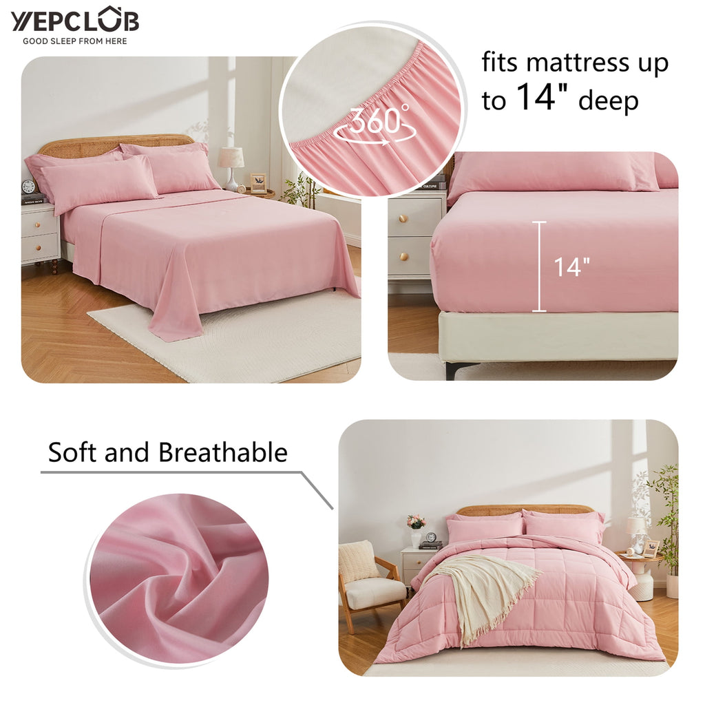7-Piece Queen Size Comforter Set,Pink Reversible Bed in a Bag,All Season Solid Bedding Set with Sheets,Pillowcases & ... - Image 4
