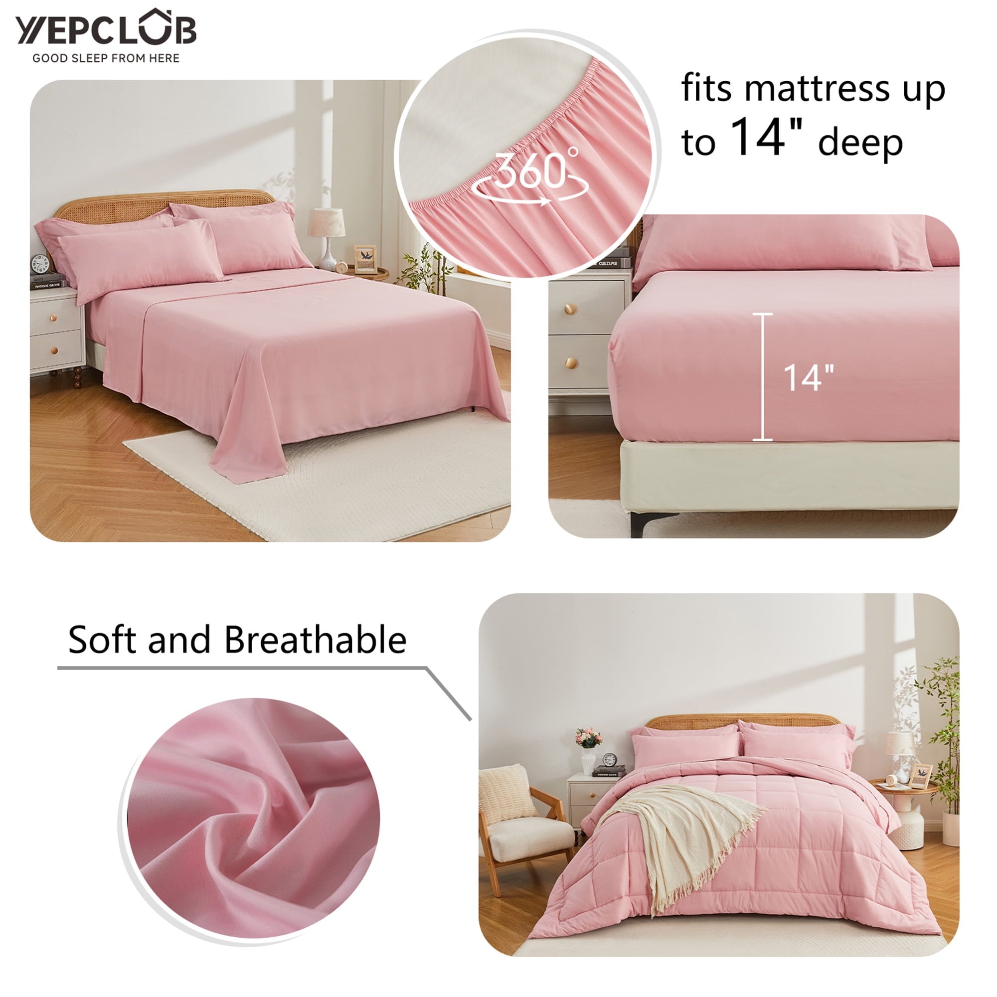 7-Piece Queen Size Comforter Set,Pink Reversible Bed in a Bag,All Season Solid Bedding Set with Sheets,Pillowcases & ... - Image 4