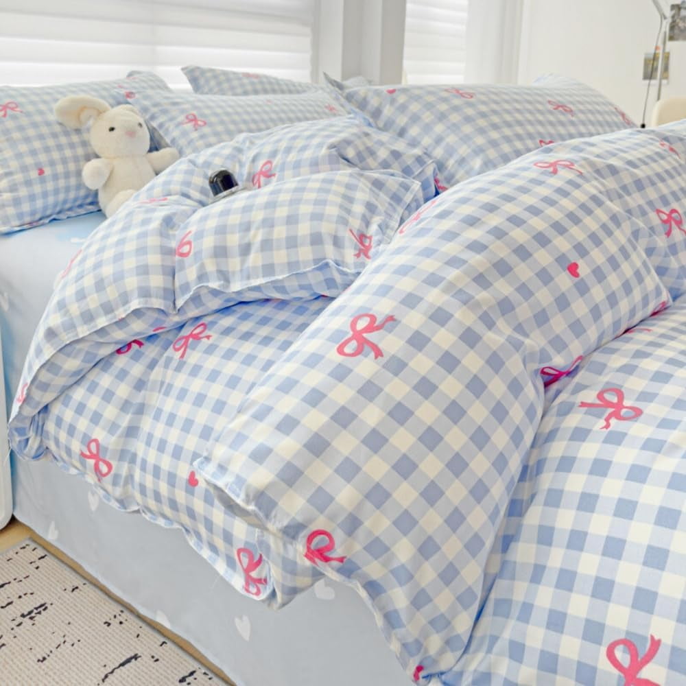 JOLUSERE 3-Piece Blue Plaid Pink Bows Comforter Full Set , Cute Soft Bedding Set for Kids Adults - Image 6