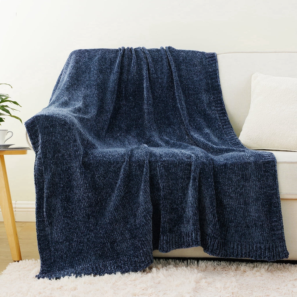 Navy Blue Chenille Throw for Couch Bed,Soft Navy Knit Blanket, Housewarming Gifts, 51"x 67" - Image 2