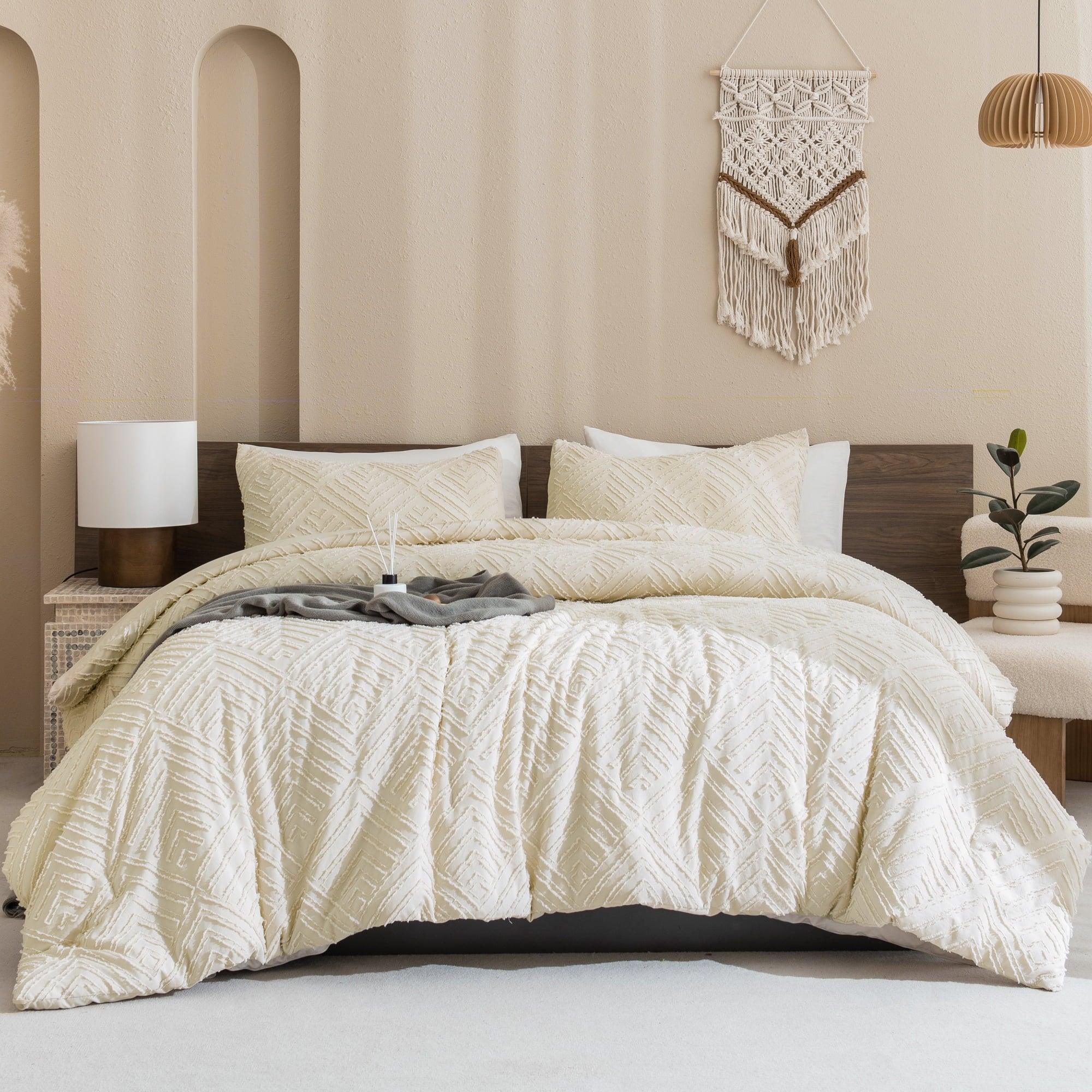 ANGENIA King Size Comforter Sets Beige - 3 Pieces Cream Boho Bedding Comforter Set for King Bed - Soft Fluffy Tufted Textured All Season Bed - Image 2