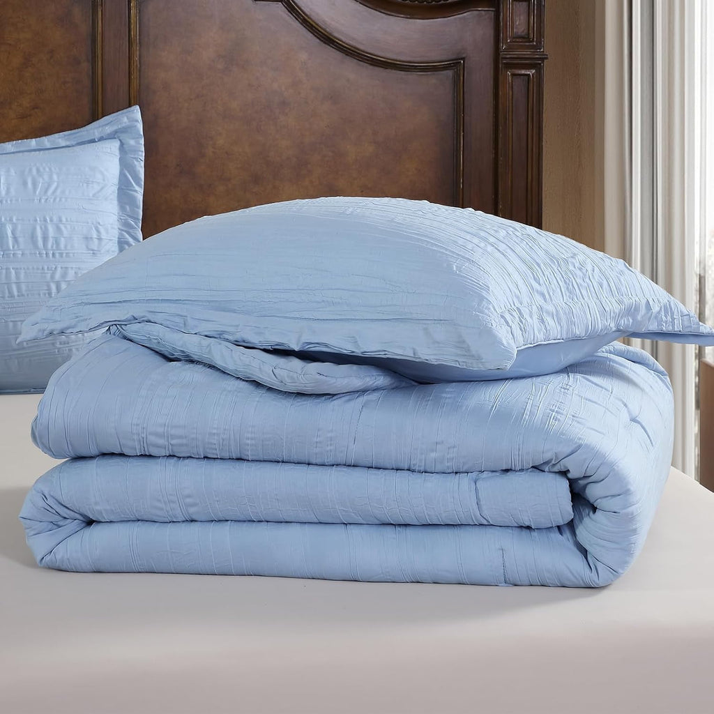 Queen Comforter Set Chambray Blue, 3 Pieces Comforter Set, All Season Lightweight Soft Embossed Bedding (86" x 88" Co... - Image 3