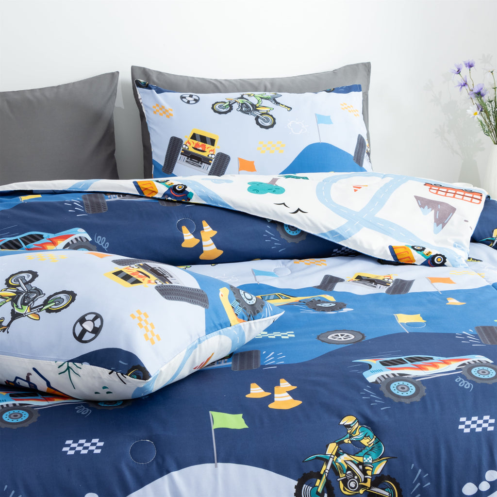 Btargot 3Pcs Reversible Construction Truck Twin Comforter Set for Boys Kids Excavator Vehicle Motorcycle Bedding Set Blue - Image 3