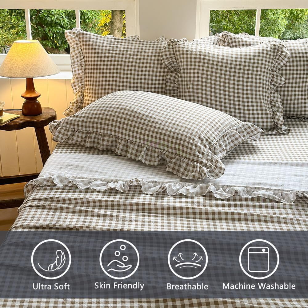 Tan Gingham Ruffle Queen Sheet Set, Taupe Soft Pre-Washed Microfiber Plaid Ruffled Queen Bed Sheets, 4-Pieces Farmhouse Sheet Set with Deep - Image 2