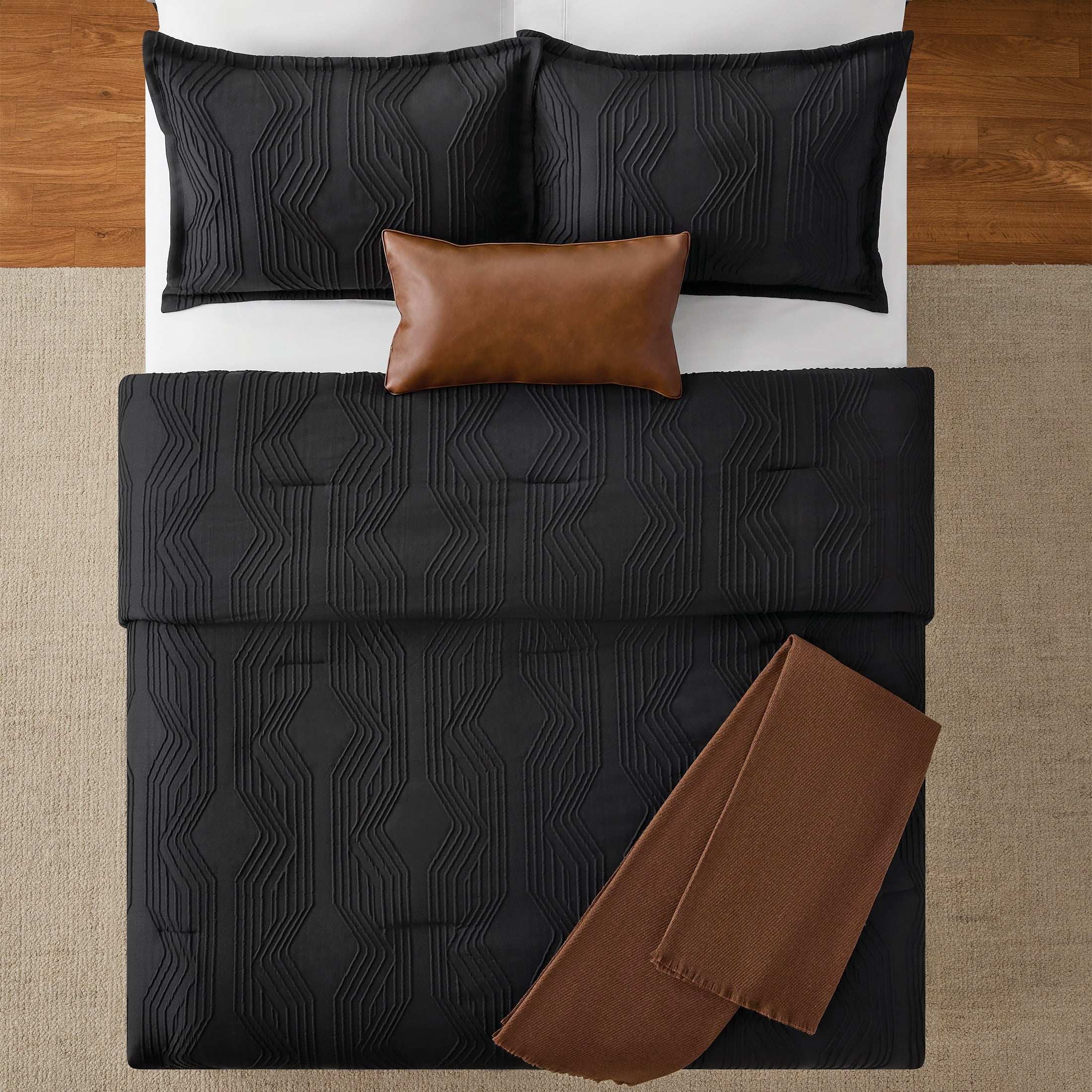 Full/Queen Comforter Set, All-Season, 5-Piece, Black Jacquard Geo - Image 2
