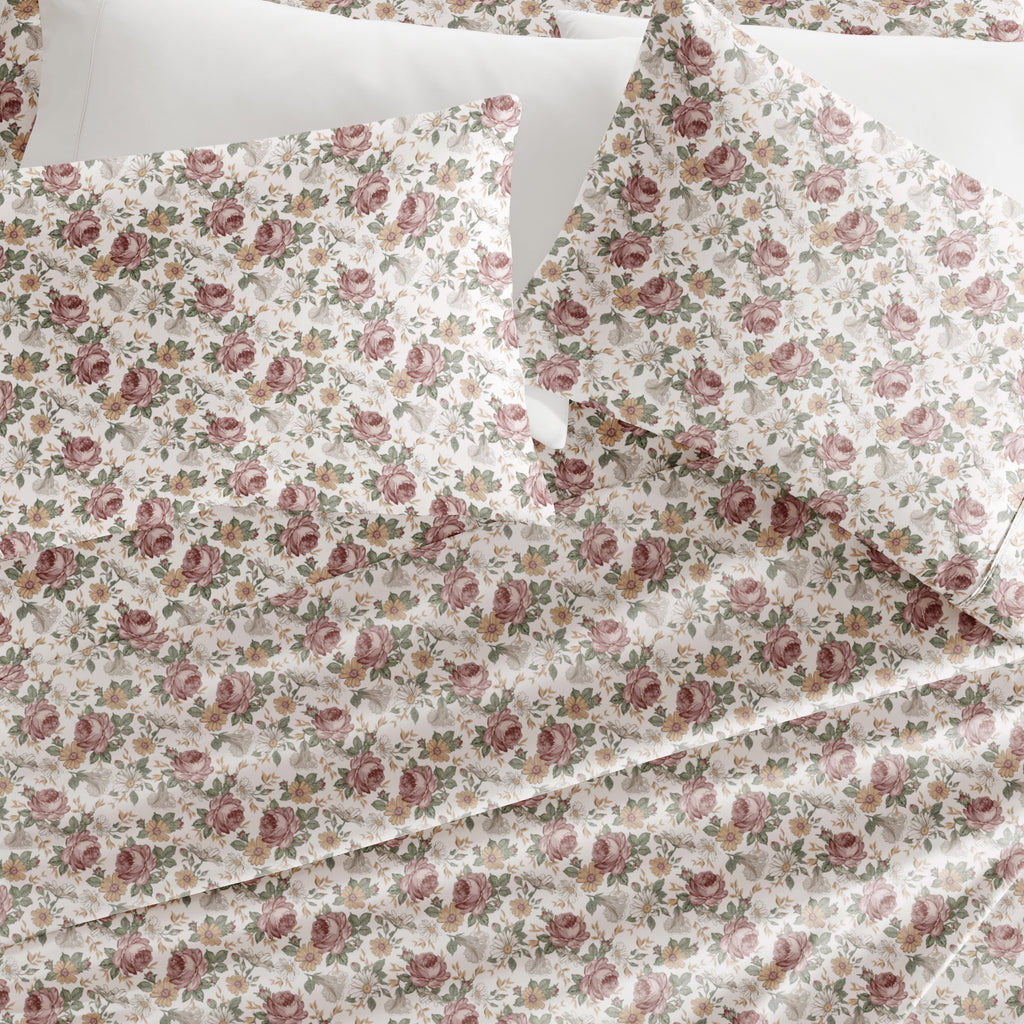 4 Piece Pattern Microfiber Bed Sheets Set, Blooming Floral Rose, Queen - Image 2
