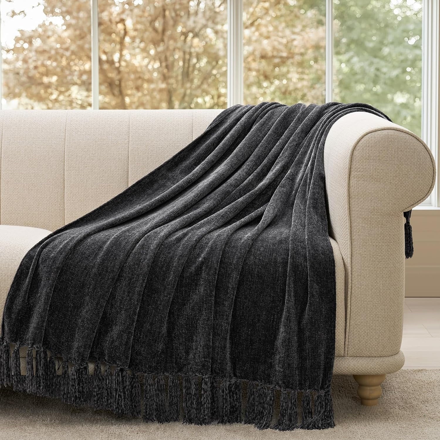 Soft Chenille Throw Blanket for Couch, Cozy Plush Fuzzy Decorative Chenille Knit Throw Blanket with Tassels, Lightwei... - Image 6