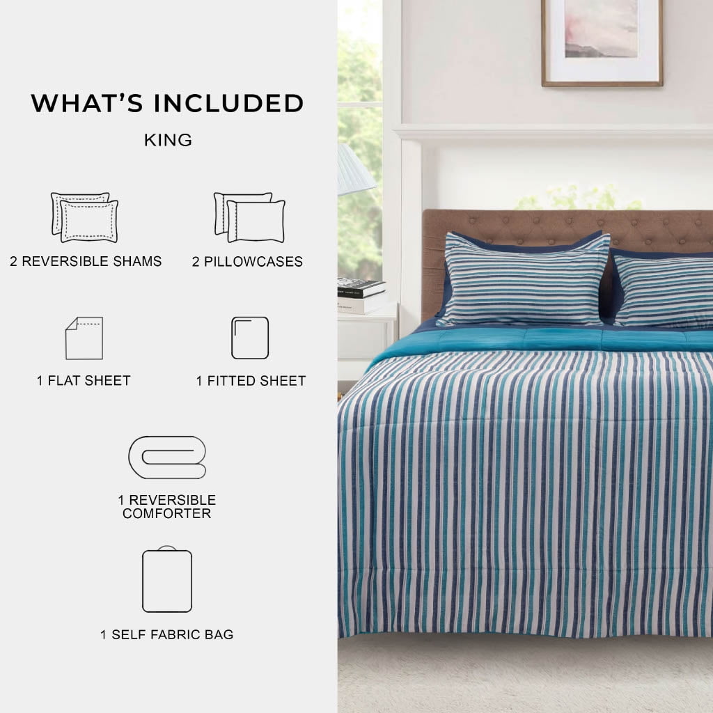 Mainstays All in One Reversible Comforter and Sheet Set- 7 Piece, Queen, Blue Pinstripe - Image 2