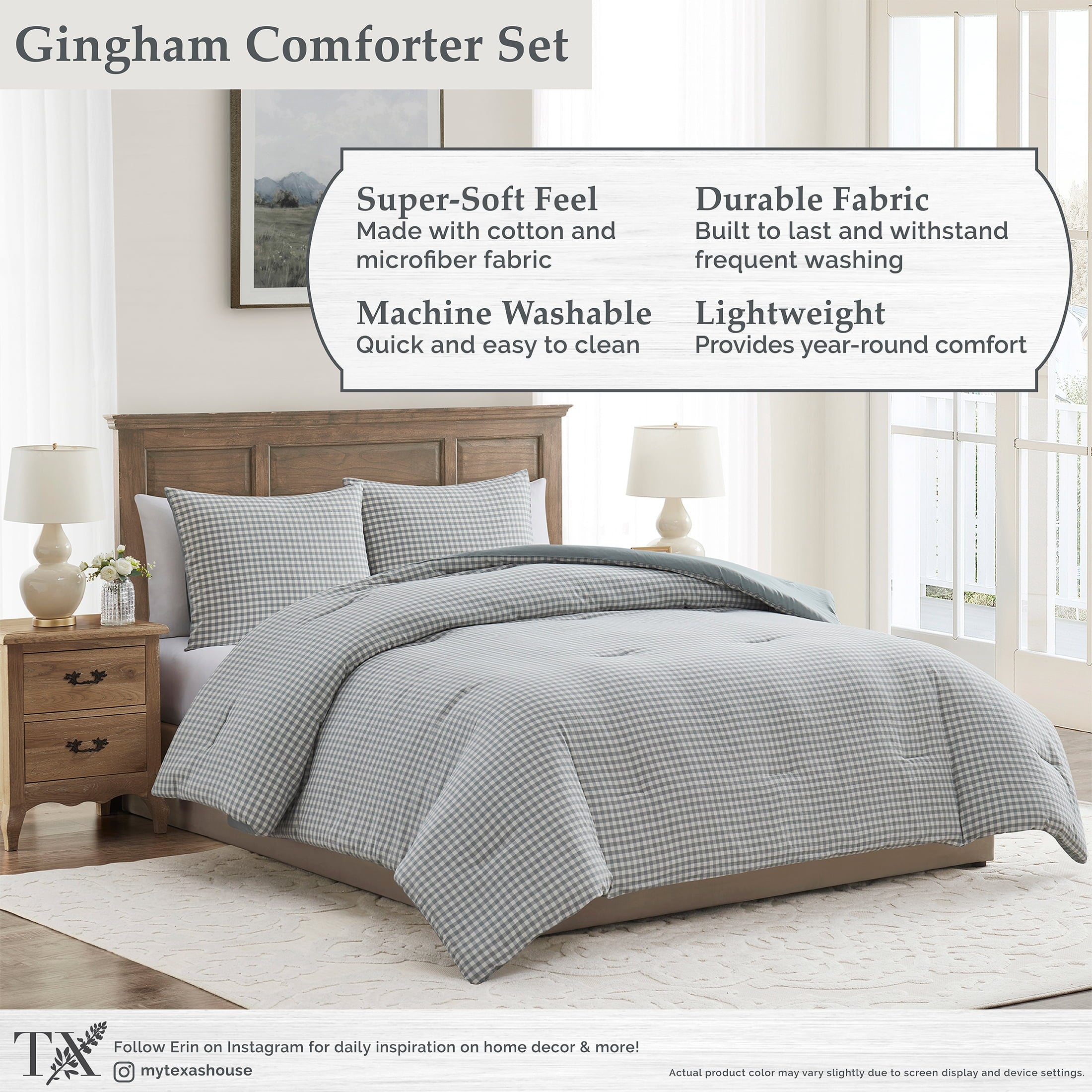 Full/Queen Comforter Set, All-Season, 3-Piece, Green Gingham Plaid - Image 4