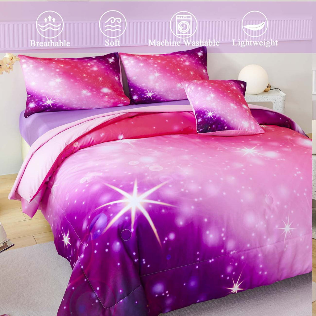 4Pcs Rainbow Twin Size Comforter Set for Girls, Pink Purple Gradient Glitter Kids Bedding Sets, Soft Galaxy Girls Bed... - Image 4