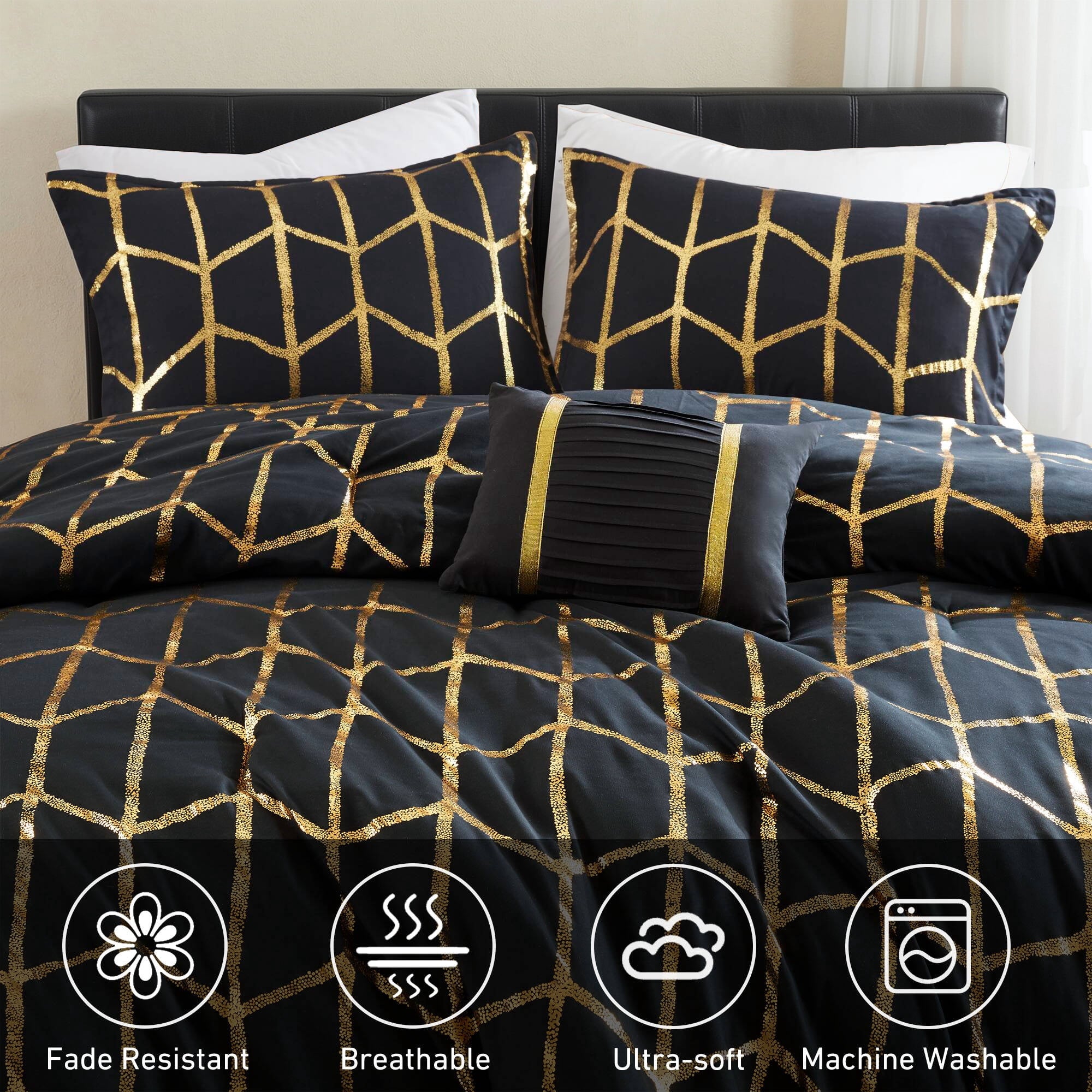 Full/Queen Size Comforter Set, 4-Piece Bedding Set for All Seasons, Geometric Metallic Comforter Bed Set with Decor P... - Image 2