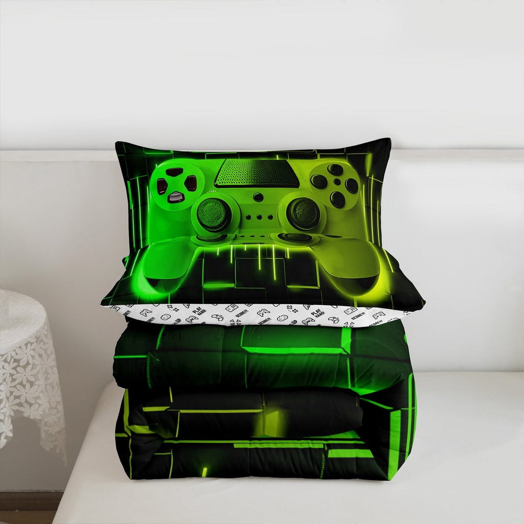 Green Yellow Gaming Full Size Comforter Sets - Gamer Comforter Full Size Bedding Set, Neon Lights Abstract Geometry Design Gamer Room Decor - Image 4