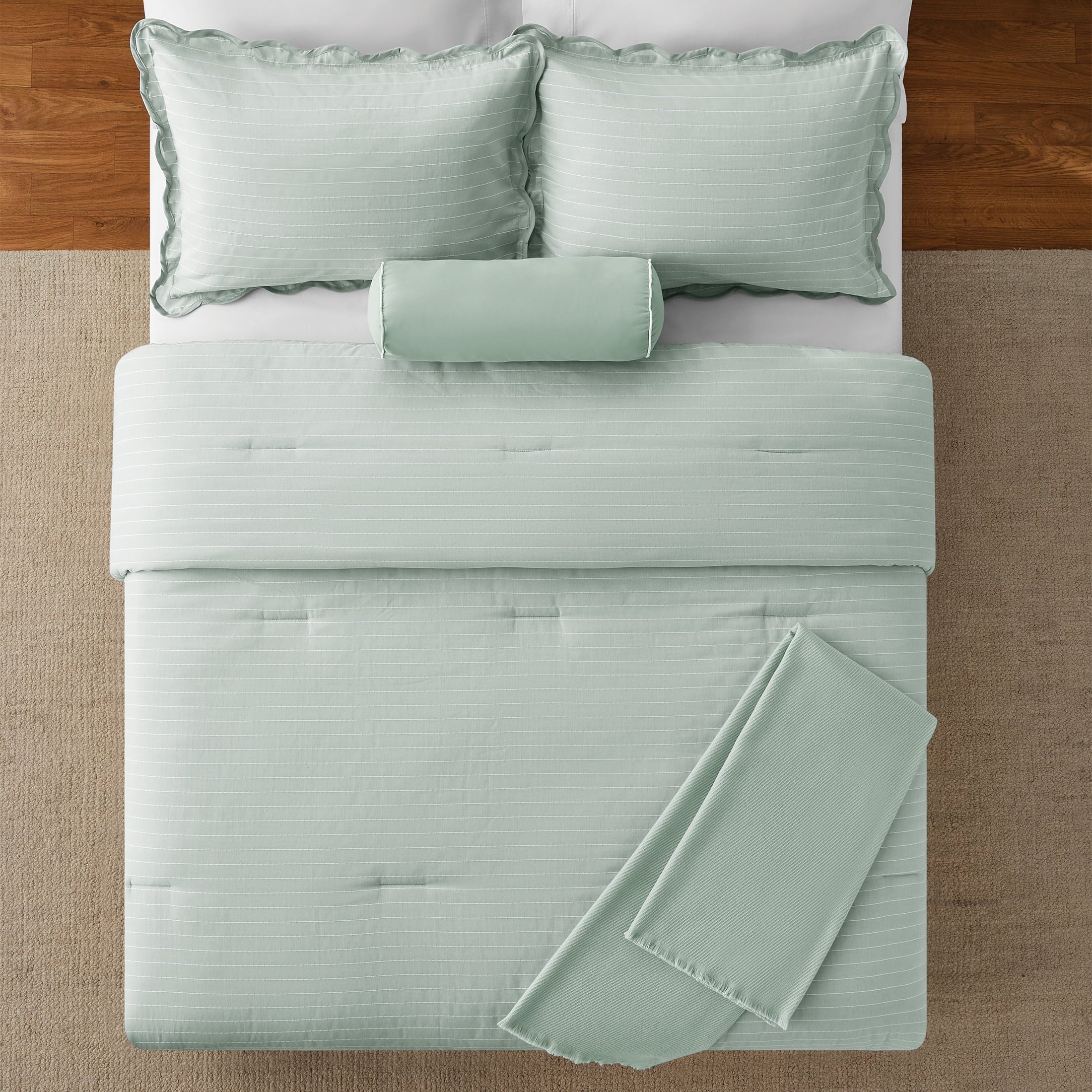 Mainstays Full/Queen Comforter Set, All-Season, 5-Piece, Sage Pick Stitch Scallop - Image 2
