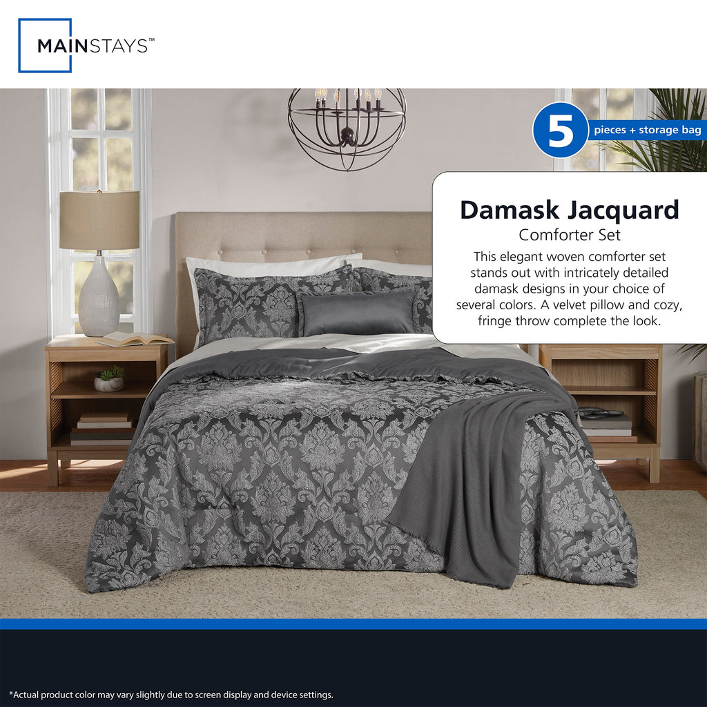 Full/Queen Comforter Set, All-Season, 5-Piece, Grey Jacquard Damask - Image 6