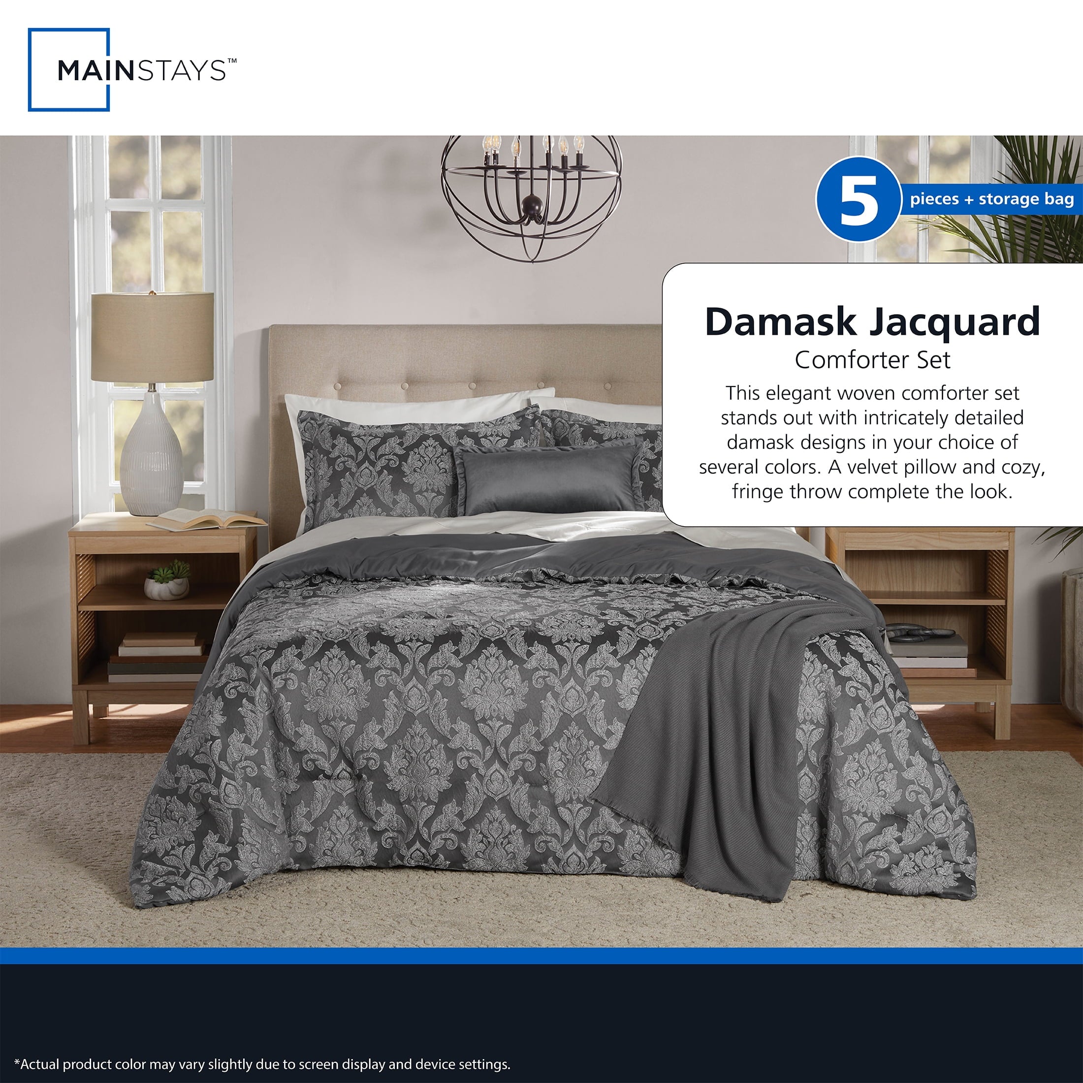 Full/Queen Comforter Set, All-Season, 5-Piece, Grey Jacquard Damask - Image 6