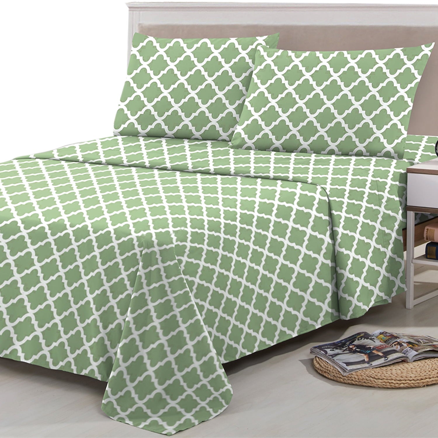 Quatrefoil Bed Sheet Set (King, Sage/White) 4 Piece Deep Pocket 1800 Series Microfiber Bed Sheet Set Contains 1 Fitte... - Image 2