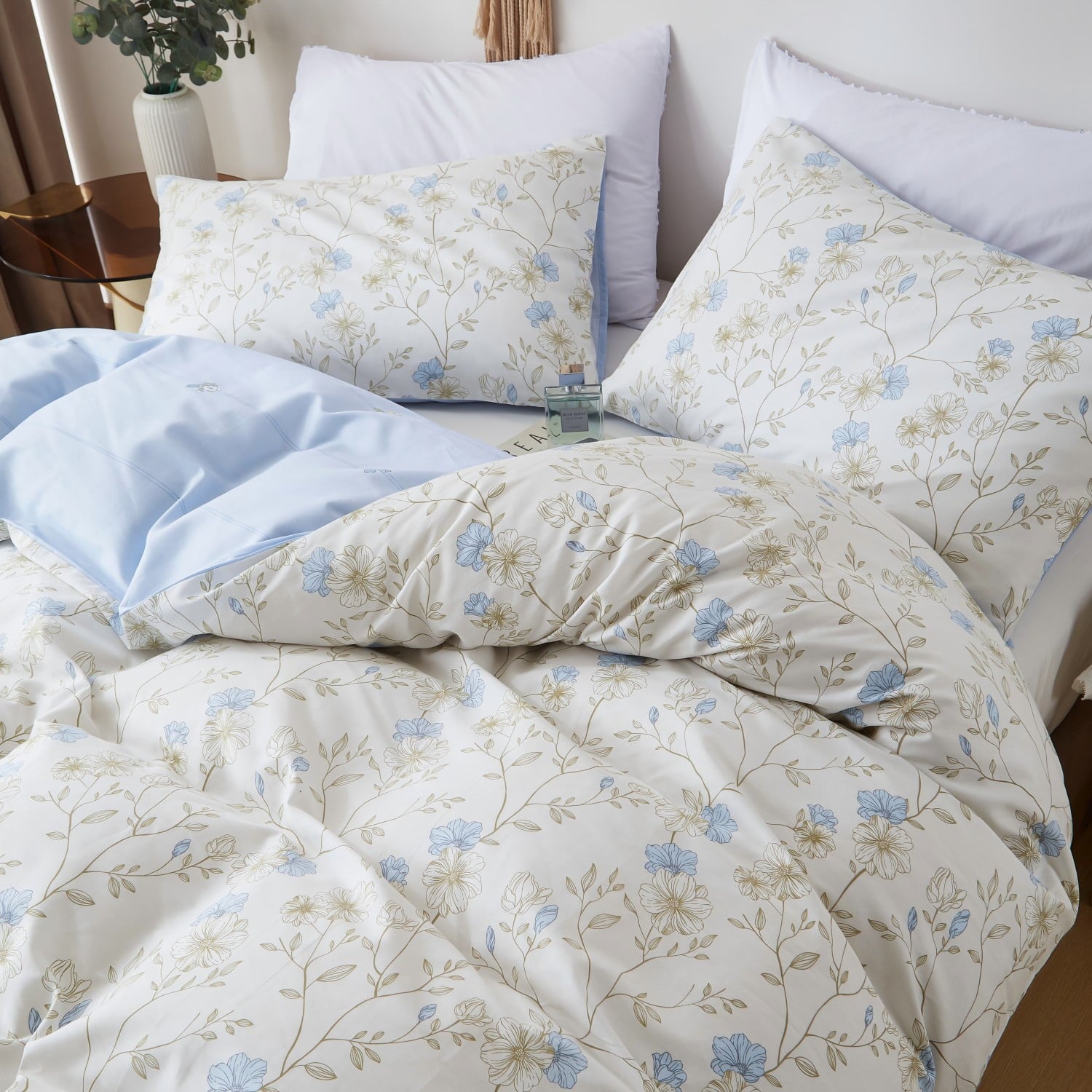 Cotton Comforter Sets Queen Size, 3 Pieces Botanical Blue Floral Reversible Bedding Sets for Adults All Season - Image 3