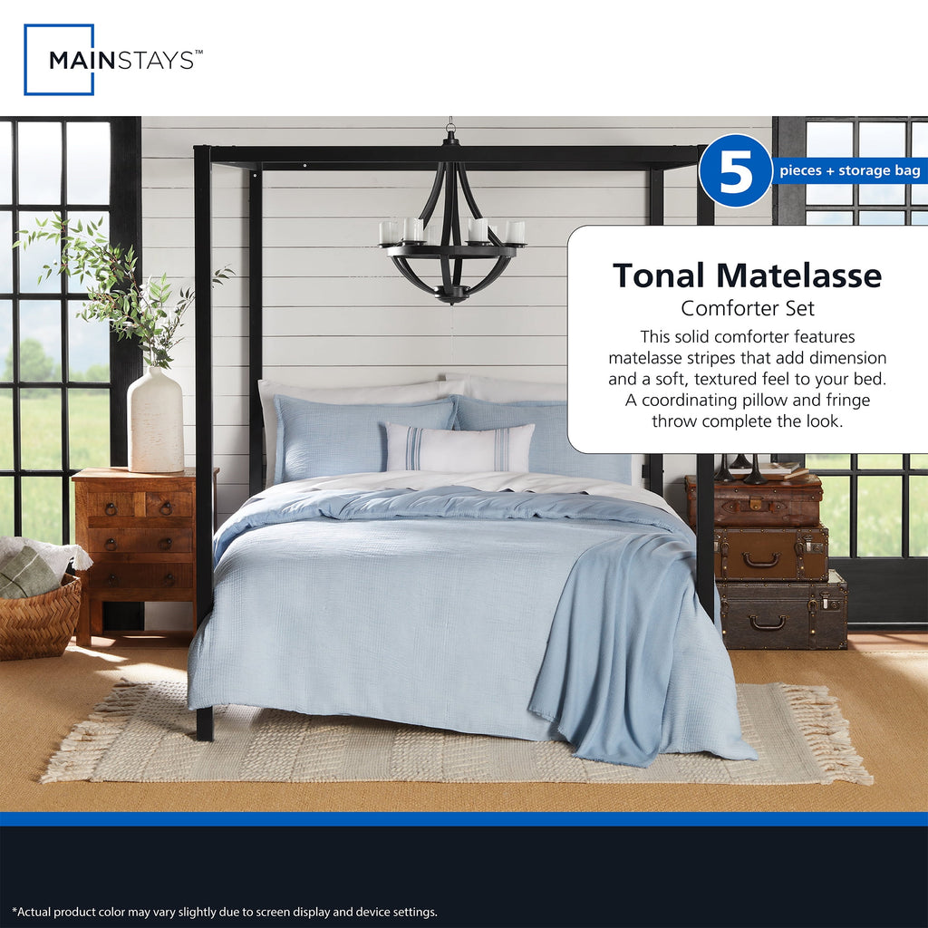 Full/Queen Comforter Set, All-Season, 5-Piece, Blue Matelasse Tonal Stripe - Image 6