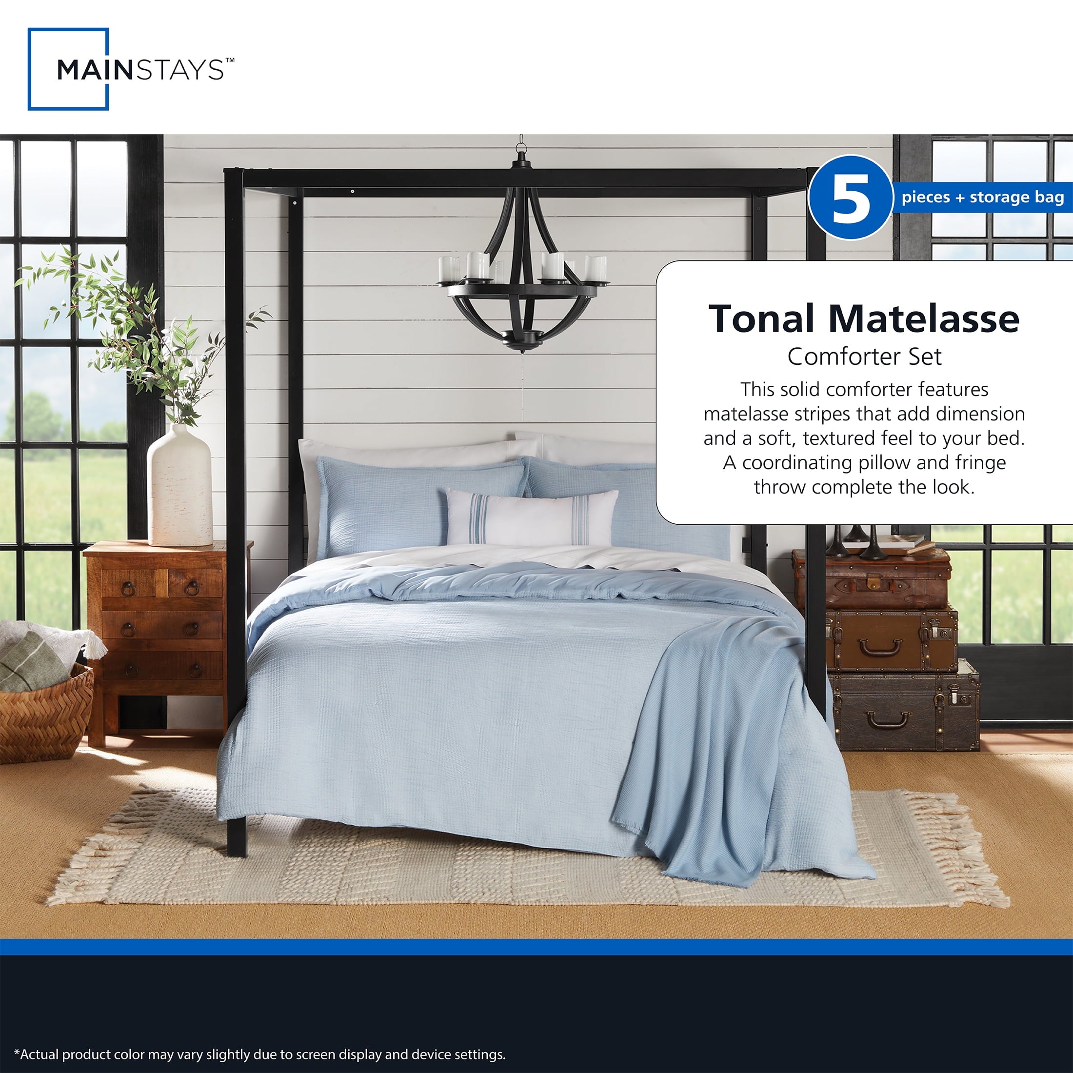 Full/Queen Comforter Set, All-Season, 5-Piece, Blue Matelasse Tonal Stripe - Image 6